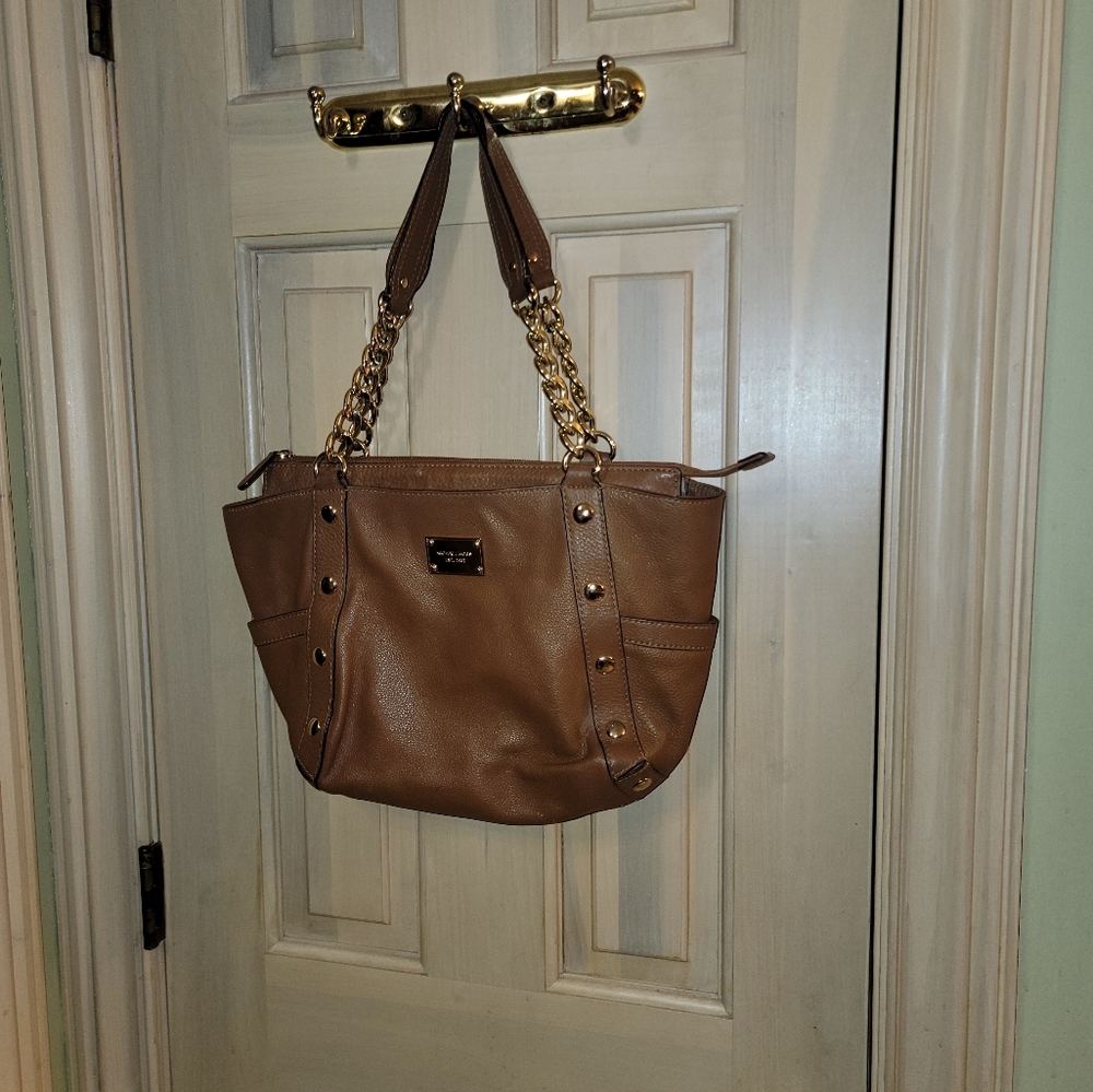 Michael Kors Double Handle Chain And Leather Purse Gold Studs Satchel - Picture 2 of 13